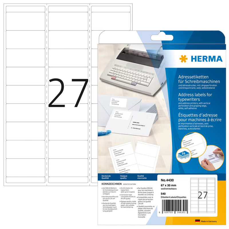HERMA 4430 adresse- og postetiket Hvid