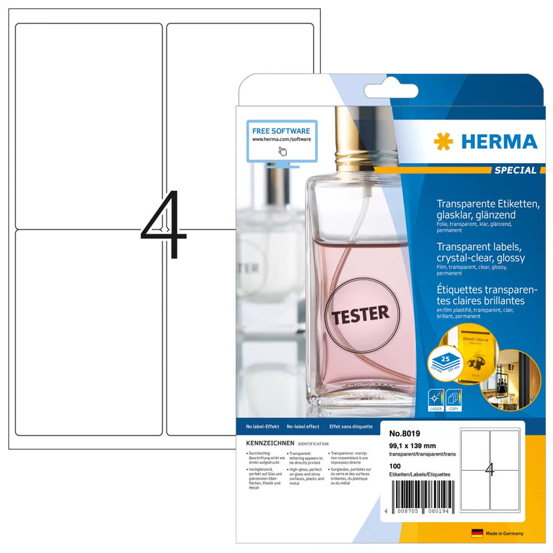 HERMA 8019 print etiket Transparent Selvklæbende printeretiket