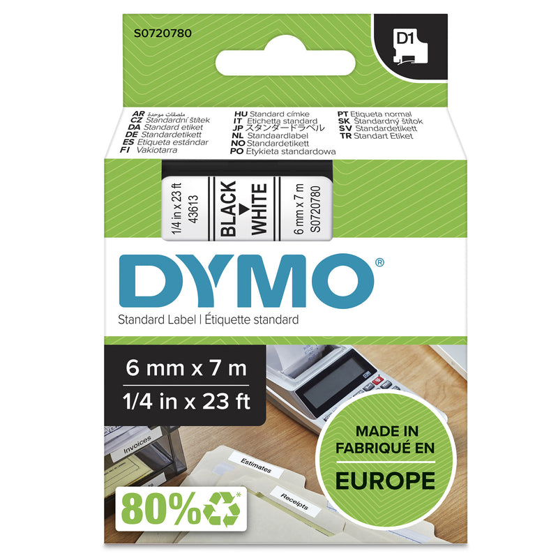 DYMO Originale D1-etiketter | Sort skrift på hvid tape | 6 mm x 7 m | Selvklæbende etiketter til LabelManager-mærkningsmaskiner | Fremstillet i Europa