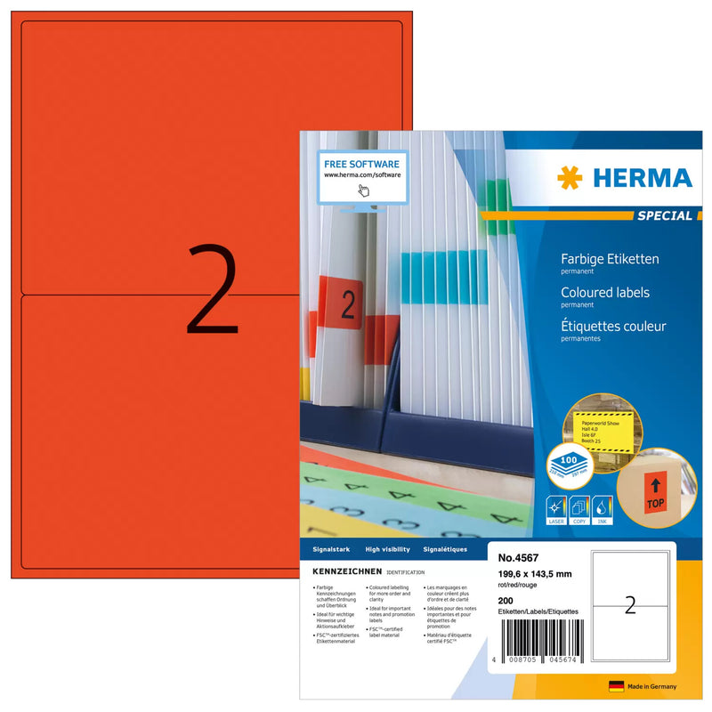 HERMA 4567 selvklæbende etiket Rektandel Rød 200 stk