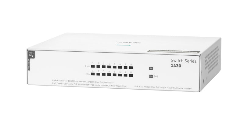 HPE Aruba Networking Networking Instant On Switch 8p Gigabit CL4 PoE 64W 1430 Ikke administreret L2 Gigabit Ethernet (10/100/1000) Strøm over Ethernet (PoE) Hvid