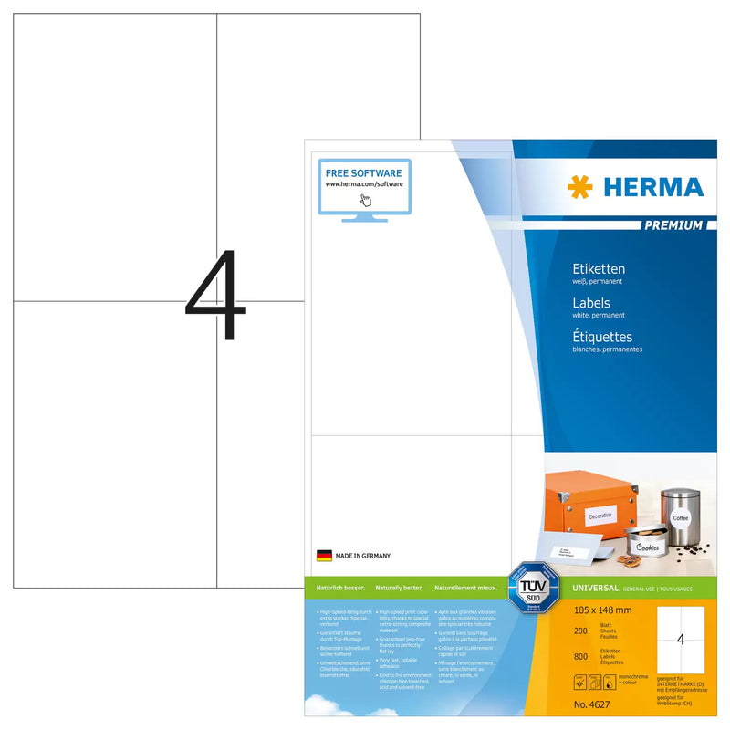 HERMA 4627 selvklæbende etiket Rektandel Permanent Hvid 800 stk