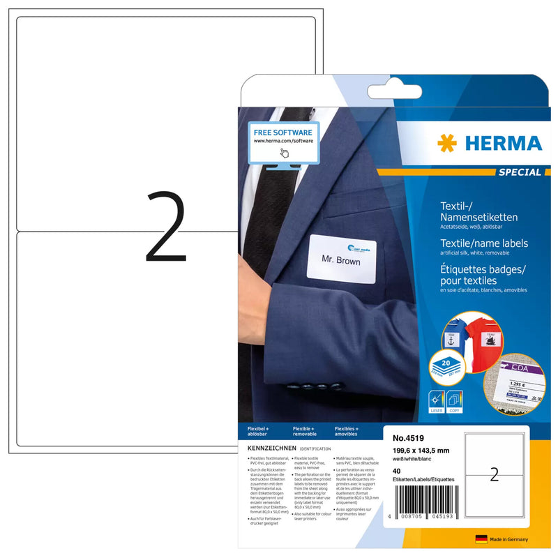 HERMA 4519 selvklæbende etiket Afrundet rektangel Hvid 40 stk