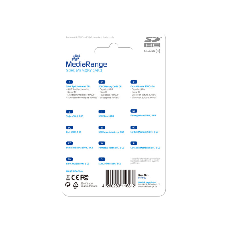 MediaRange MR962 hukommelseskort 8 GB SDHC Klasse 10
