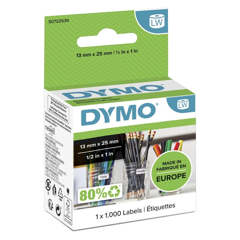 DYMO Ægte LabelWriter Små Multifunktionsetiketter | 13 mm x 25 mm | Selvklæbende | Rulle med 1000 | Nemme at afpil | Til LabelWriter etiketprintere | Fremstillet i Europa
