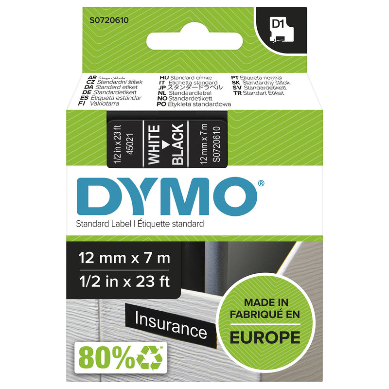 DYMO Ægte D1-etiketter | Hvid skrift på sort tape | 12 mm x 7 m | Selvklæbende etiketter til LabelManager-mærkningsmaskiner | Fremstillet i Europa