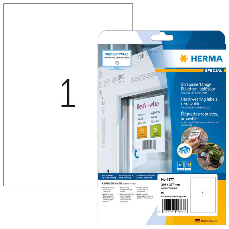 HERMA 4577 selvklæbende etiket Aftagelig Hvid 20 stk