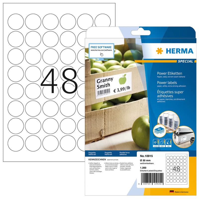 HERMA 10915 selvklæbende etiket Cirkel Permanent Hvid 1200 stk