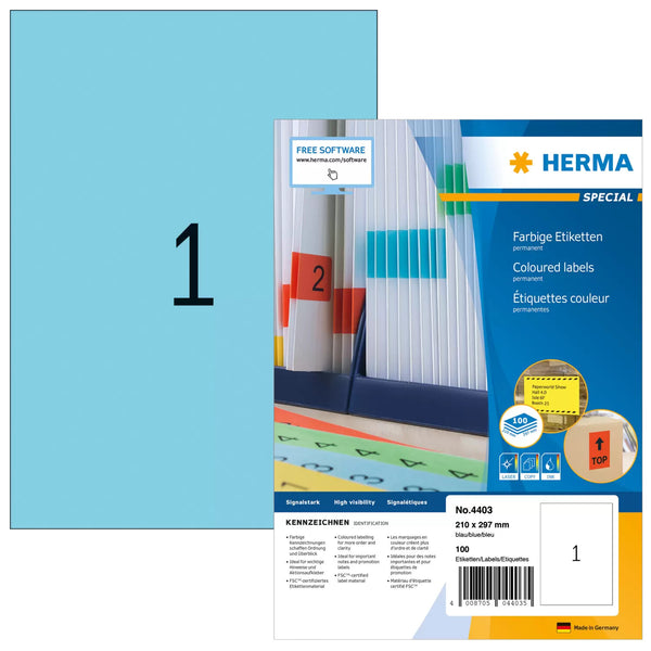 HERMA 4403 selvklæbende etiket Rektandel Permanent Blå 100 stk