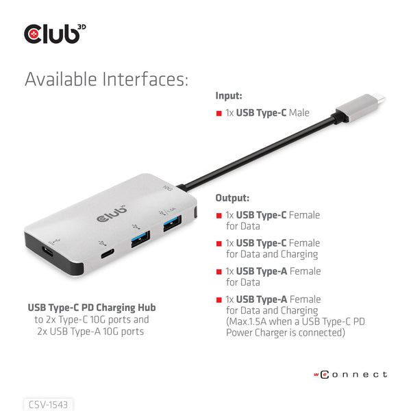 CLUB3D CSV-1543 interface hub USB 3.2 Gen 2 (3.1 Gen 2) Type-C 10000 Mbit/s Sort, Sølv