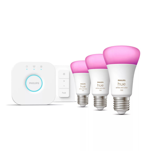 Philips Hue White and Color ambiance Startsæt: 3 x E27 pærer (1100) + Dimmer switch