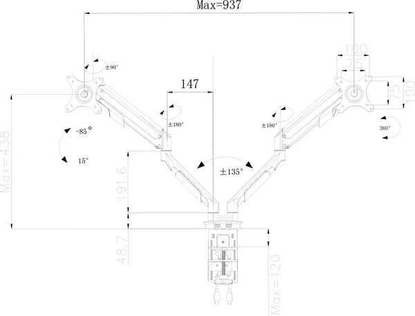 Prokord DUS560DW skærmbeslag og -stativer 81,3 cm (32") Skrivebord Sølv, Hvid
