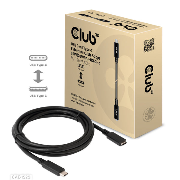 CLUB3D CAC-1529 USB-kabel USB 3.2 Gen 1 (3.1 Gen 1) 2 m USB C 5 Gbit/sek. 60 W Sort