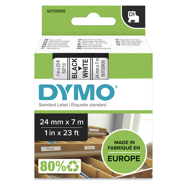 DYMO Ægte D1-etiketter | Sort tekst på hvid | 24 mm x 7 m | Selvklæbende etiketter til LabelManager-etiketprintere