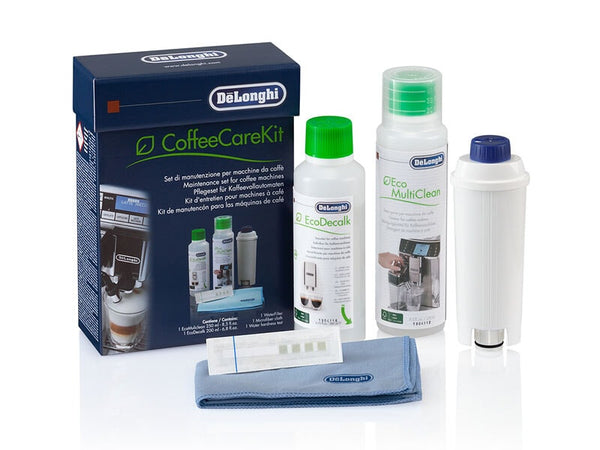 De’Longhi Coffee Care Kit, vedligeholdelsessæt til kaffemaskiner med vandfilter, EcoDecalk, Eco MultiClean, mikrofiberklud, vandhårdhedstestpind.