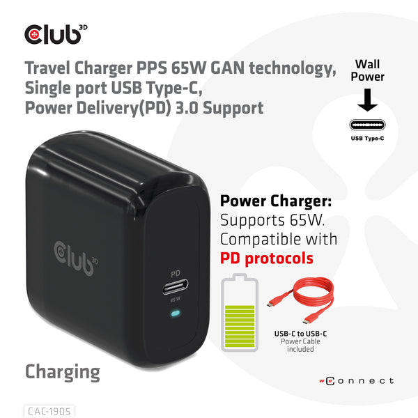 CLUB3D CAC-1905EU oplader til mobil enhed Universel Sort Vekselstrøm Hurtig opladning Indendørs