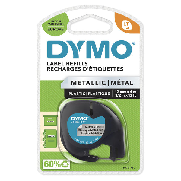 DYMO LetraTag Metalliske Etiketter | Ægte | Sort tekst på metallisk sølv | 12 mm x 4 m | Selvklæbende alsidige etiketter til LetraTag mærkemaskiner
