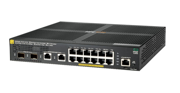 HPE Aruba Networking 2930F 12G PoE+ 2G/2SFP+ Switch Administreret L3 Gigabit Ethernet (10/100/1000) Strøm over Ethernet (PoE) 1U Sort