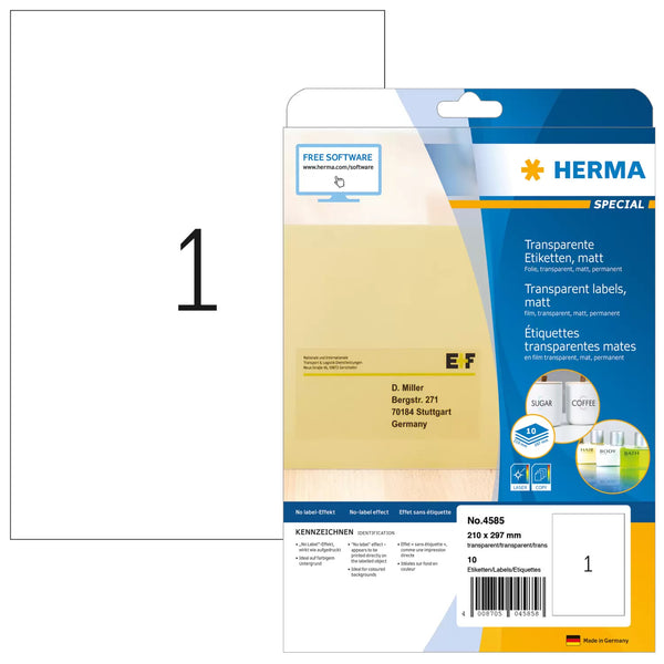 HERMA A4 selvklæbende etiket Rektandel Permanent Transparent 10 stk