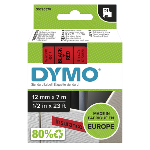 DYMO Originale D1-etiketter | Sort tekst på rød tape | 12 mm x 7 m | Selvklæbende etiketter til LabelManager-mærkningsmaskiner | Fremstillet i Europa