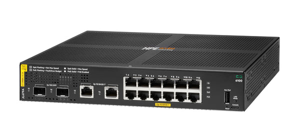 HPE Aruba Networking CX 6100 12G Class4 PoE 2G/2SFP+ 139W Switch Administreret L3 Gigabit Ethernet (10/100/1000) Strøm over Ethernet (PoE) 1U Sort