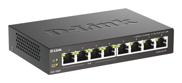 D-Link DGS-1008P/E netværksswitch Ikke administreret L2 Gigabit Ethernet (10/100/1000) Strøm over Ethernet (PoE) Desktop Sort