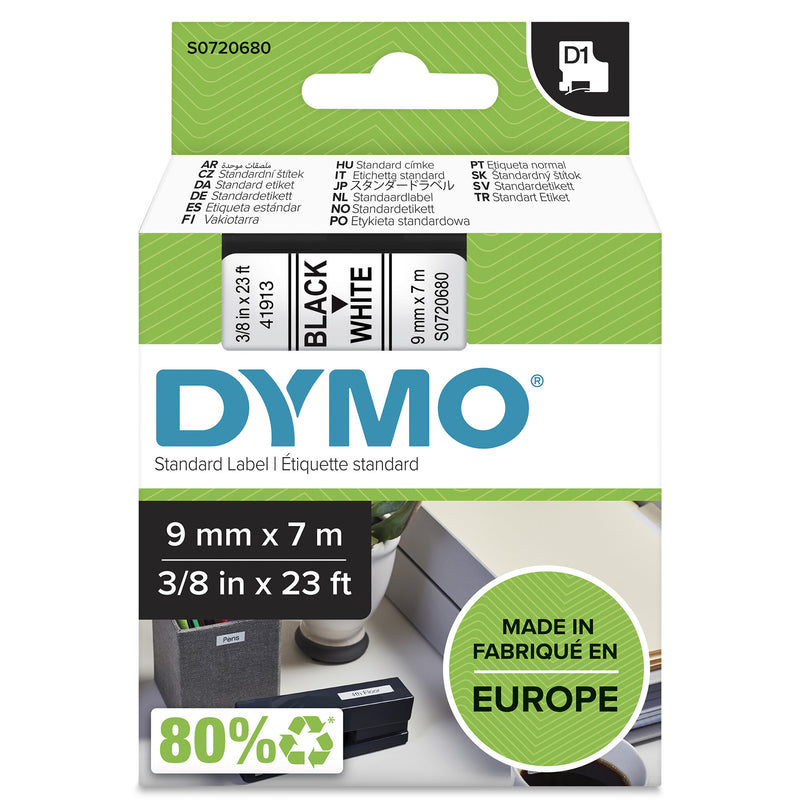 DYMO Ægte D1-etiketter | Sort tekst på hvid tape | 9 mm x 7 m | Selvklæbende etiketter til LabelManager-mærkemaskiner | Fremstillet i Europa