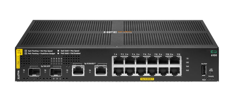 HPE Aruba Networking CX 6100 12G Class4 PoE 2G/2SFP+ 139W Switch Administreret L3 Gigabit Ethernet (10/100/1000) Strøm over Ethernet (PoE) 1U Sort