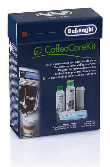 De’Longhi Coffee Care Kit, vedligeholdelsessæt til kaffemaskiner med vandfilter, EcoDecalk, Eco MultiClean, mikrofiberklud, vandhårdhedstestpind.