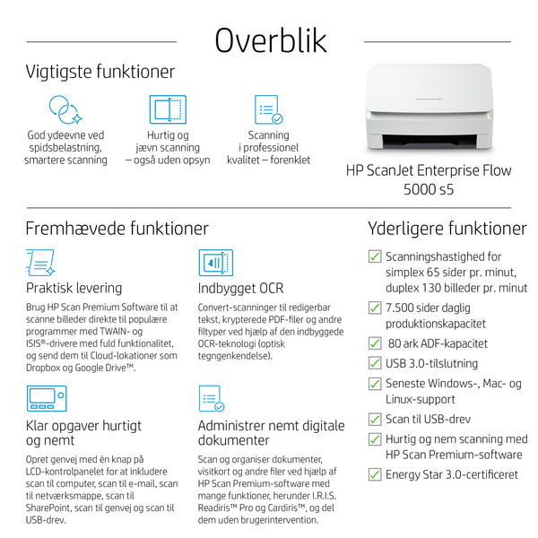 HP ScanJet Enterprise Flow 5000 s5 Skanner med papir-tilførsel 600 x 600 dpi A4 Hvid