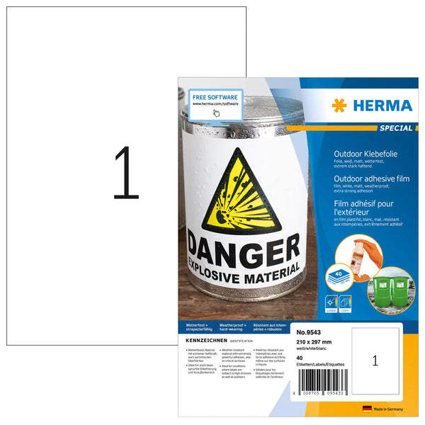 HERMA 9543 selvklæbende etiket Rektandel Hvid 40 stk