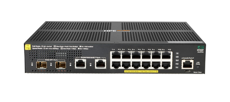 HPE Aruba Networking 2930F 12G PoE+ 2G/2SFP+ Switch Administreret L3 Gigabit Ethernet (10/100/1000) Strøm over Ethernet (PoE) 1U Sort