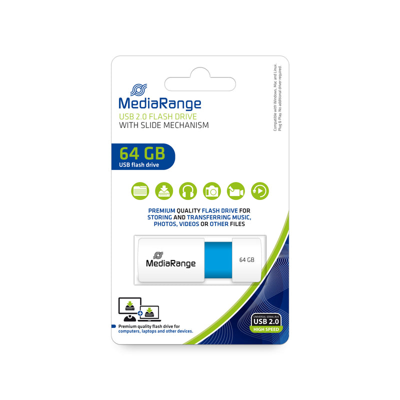 MediaRange USB Stick 64GB MR974 USB-nøgle USB Type-A 2.0 Blå, Hvid