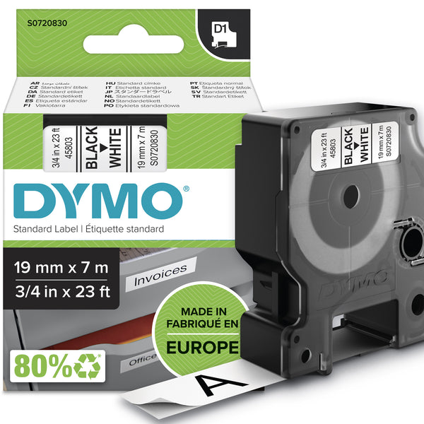 DYMO Ægte D1-etiketter | Sort tekst på hvid tape | 19 mm x 7 m | Selvklæbende etiketter til LabelManager-mærkningsmaskiner | Fremstillet i Europa