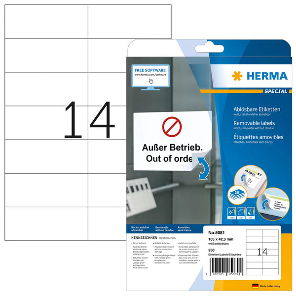 HERMA 5081 selvklæbende etiket Rektandel Aftagelig Hvid 350 stk