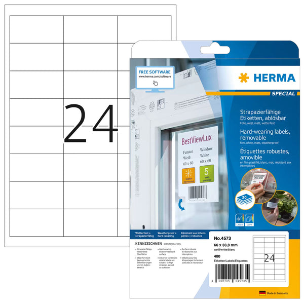 HERMA 4573 selvklæbende etiket Aftagelig Hvid 480 stk