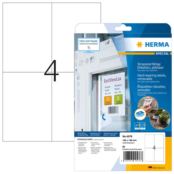 HERMA 4576 selvklæbende etiket Aftagelig Hvid 80 stk