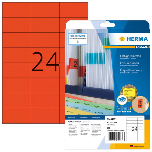 HERMA 4467 selvklæbende etiket Rektandel Aftagelig Rød 480 stk