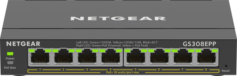 NETGEAR 8-Port Gigabit Ethernet High-Power PoE+ Plus Switch (GS308EPP) Administreret L2/L3 Gigabit Ethernet (10/100/1000) Strøm over Ethernet (PoE) Sort