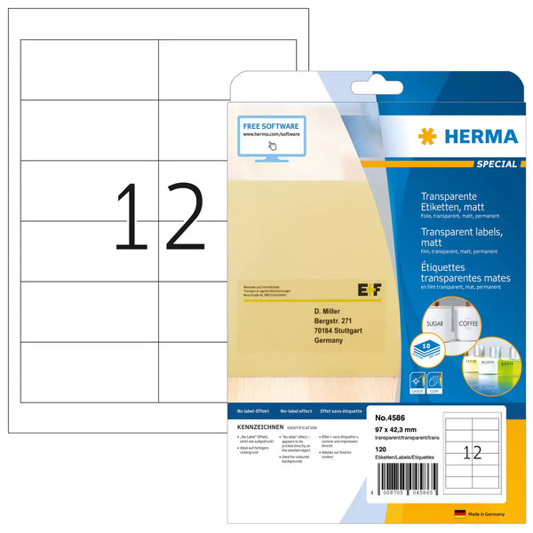 HERMA 4586 selvklæbende etiket Afrundet rektangel Permanent Transparent 120 stk