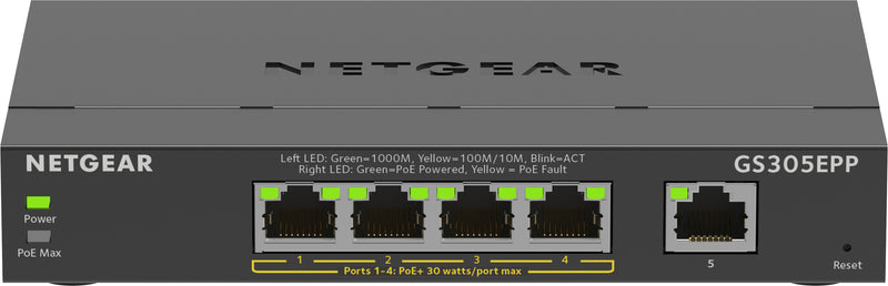 NETGEAR 5-Port Gigabit Ethernet High-Power PoE+ Plus Switch (GS305EPP) Administreret L2/L3 Gigabit Ethernet (10/100/1000) Strøm over Ethernet (PoE) Sort