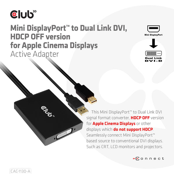CLUB3D CAC-1130-A videokabel adapter 0,6 m DVI-D Mini DisplayPort + USB Type-A Sort