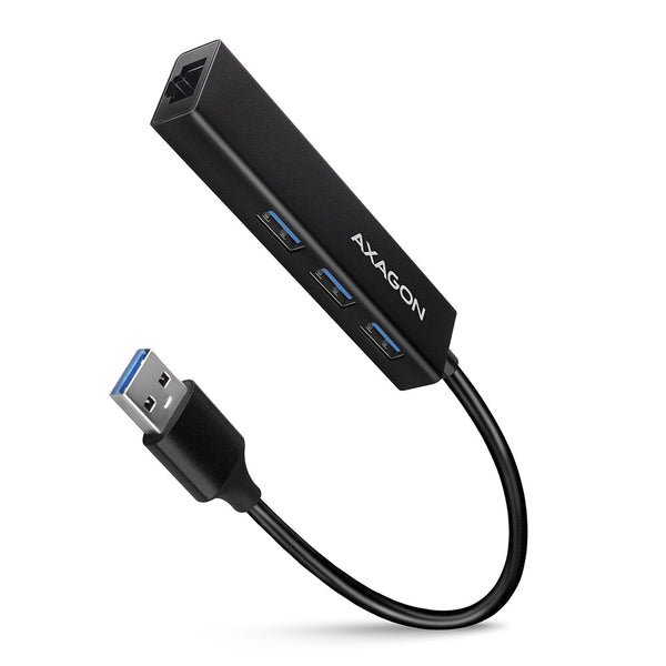 Axagon HMA-GL3A Multiport-Hub USB 3.0 Typ A Gbit-LAN 3x USB-A microSD Ledningsført USB 3.2 Gen 1 (3.1 Gen 1) Type-A Sort