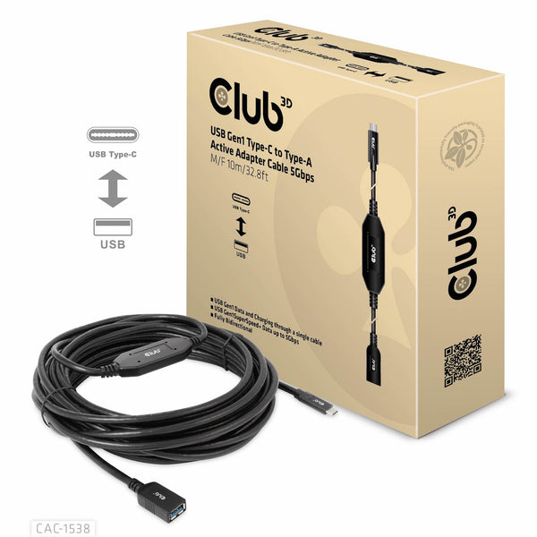 CLUB3D CAC-1538 USB-kabel USB 3.2 Gen 1 (3.1 Gen 1) 10 m USB C USB A 5 Gbit/sek. Sort