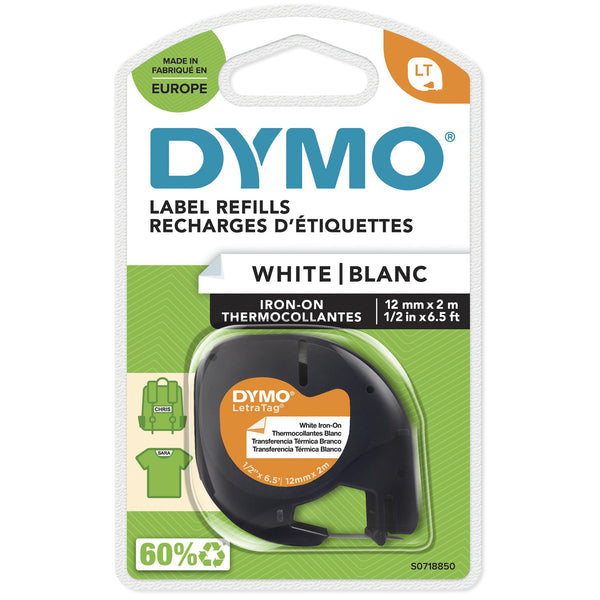 DYMO LetraTag strygeetiketter til stof | Original | 12 mm x 2 m rulle | Sort tekst på hvid baggrund | Strygeetiketter til tøj, ideelle til uniformer/børnetøj | Til LetraTag-printere