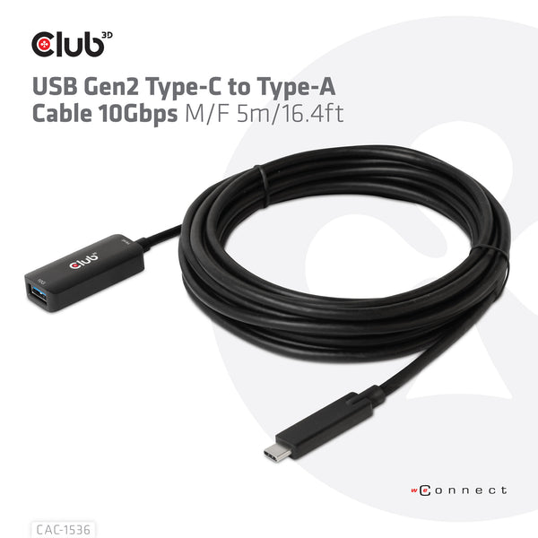 CLUB3D CAC-1536 USB-kabel USB 3.2 Gen 2 (3.1 Gen 2) 5 m USB C USB A 10 Gbit/sek. Sort