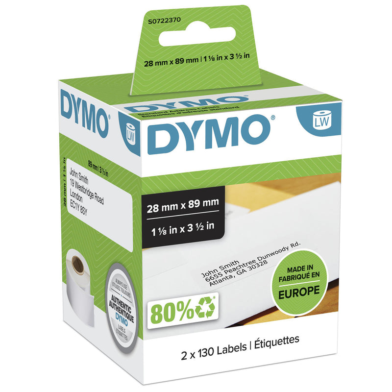 DYMO Ægte LabelWriter-adresselabels | 28 mm x 89 mm | Selvklæbende | Rulle med 130 | 2-pak (260 let-aftrækkelige labels) | til LabelWriter-labelprintere | Fremstillet i Europa
