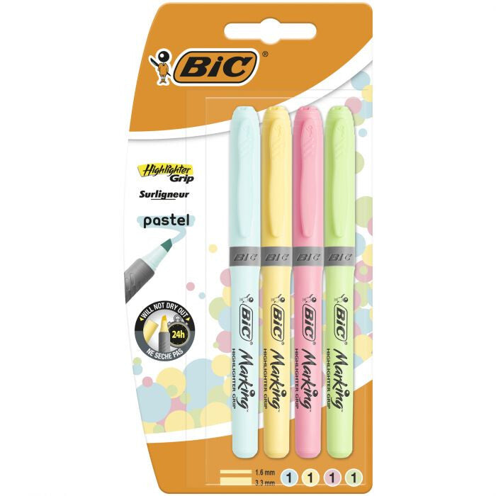 BIC Highlighter Grip Pastel speedmarker 4 stk Mejselspids Blå, Grøn, Lyserød, Gul