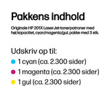 HP Originale 201X LaserJet-tonerpatroner med høj kapacitet, cyan/magenta/gul, pakke med 3 stk.